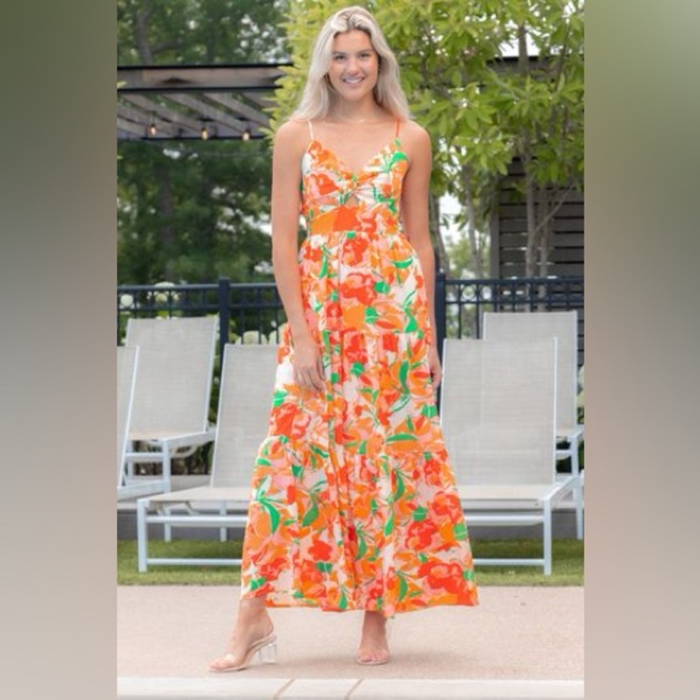 Entro Orange Floral Spaghetti Strap Cross Front Keyhole Tiered Maxi Dress